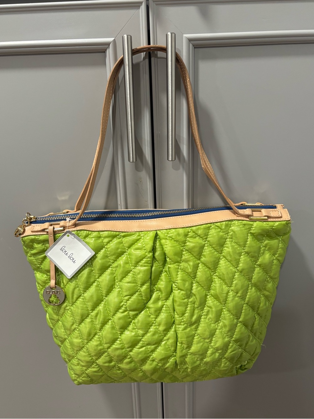 CLAVA Bright Green Quilted Tote Bag Purse with Navy Trim & Gold Accents